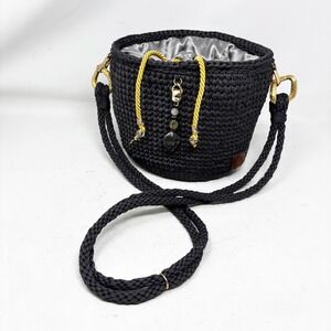 Saeli Handmade Crochet Bucket Bag Charcoal Gray Drawstring Satin Lined Beaded